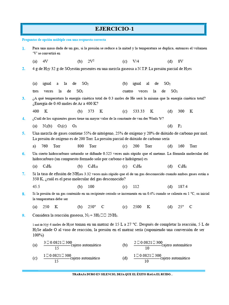 Ejercicios de Gas Ideal y Teoría Cinética | PDF | Gases | Materiales ...