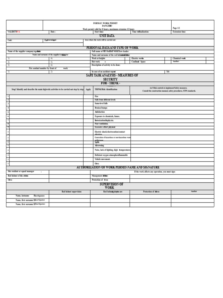Hazardous Work Permit Format | PDF | Personal Protective Equipment | Safety