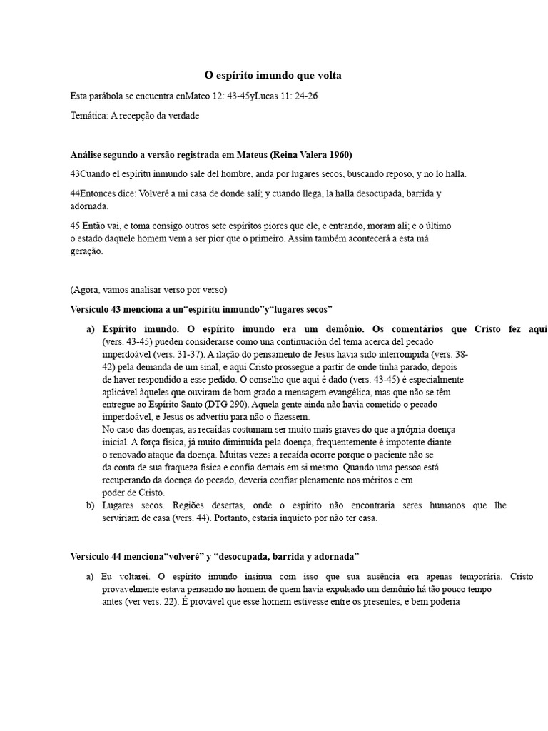 A Parábola do Espírito Imundo e Seus Avisos | PDF | Jesus | Demônios