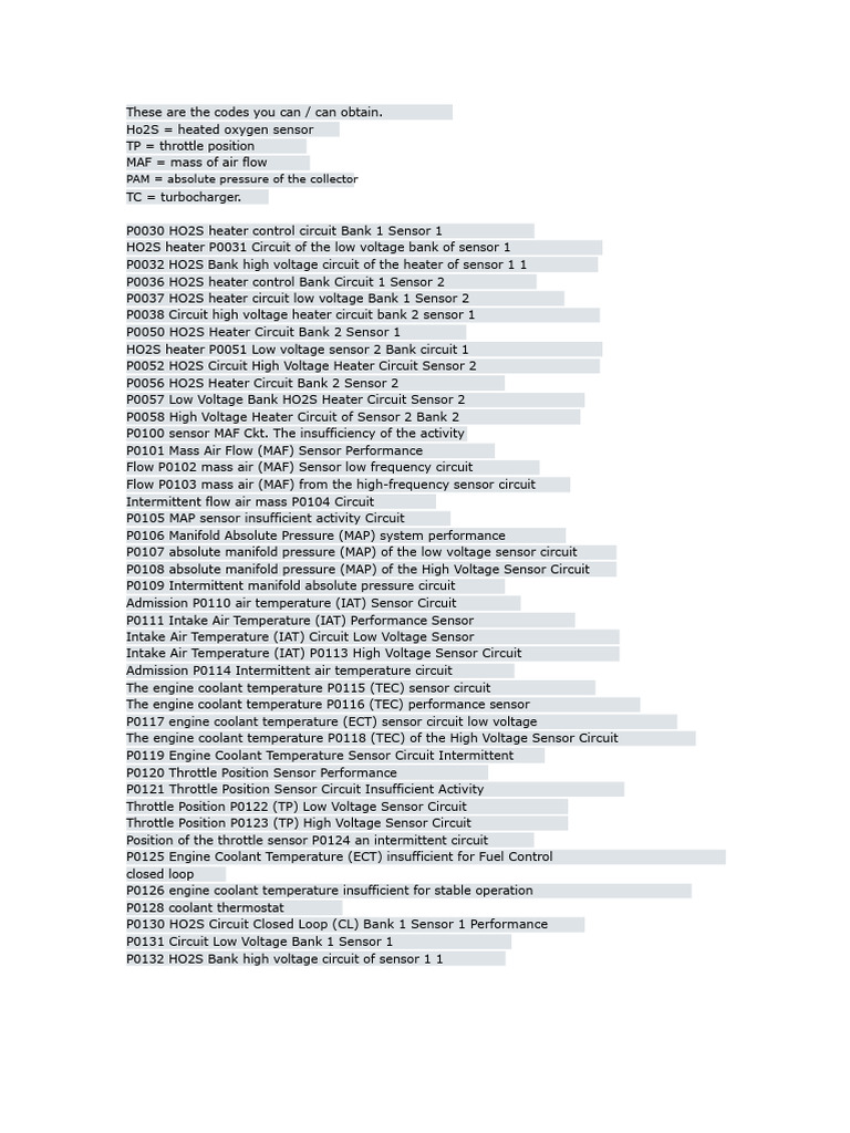 Automotive Sensor Diagnostic Codes List | PDF | Throttle | Fuel Injection