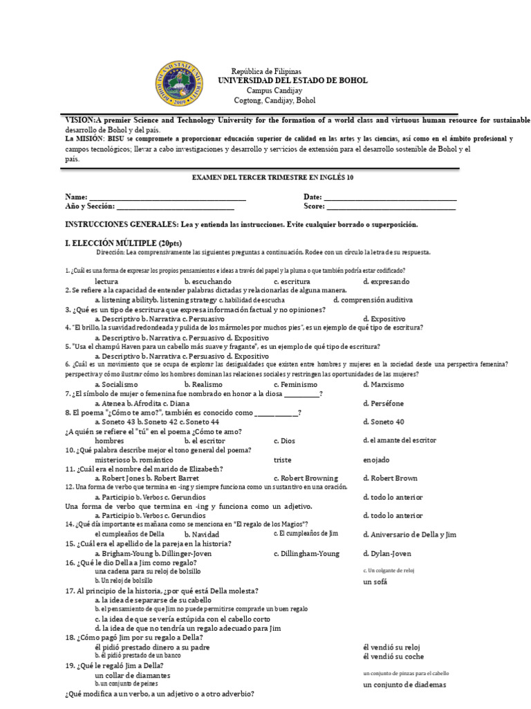 Examen de Inglés 10: Preguntas y Respuestas | PDF | Lingüística