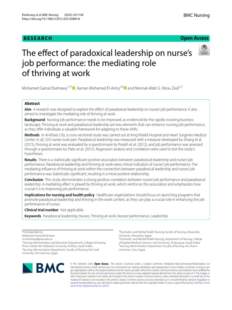 Paradoxical Leadership's Impact on Nurses | PDF | Leadership | Motivation