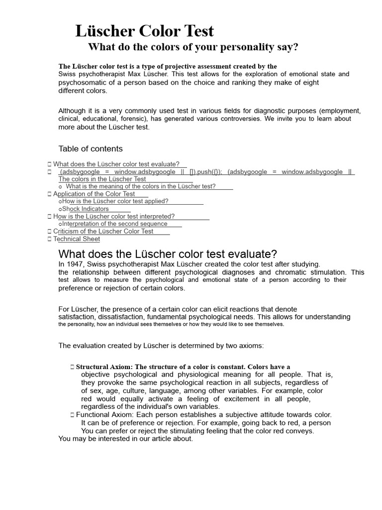 Lüscher Color Test: Personality Insights | PDF | Color | Psychology