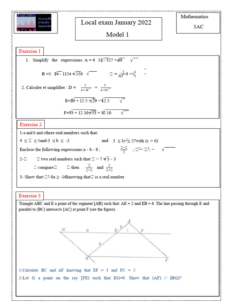 January 2022 Math Exam Model 1 | PDF | Square Root | Geometry