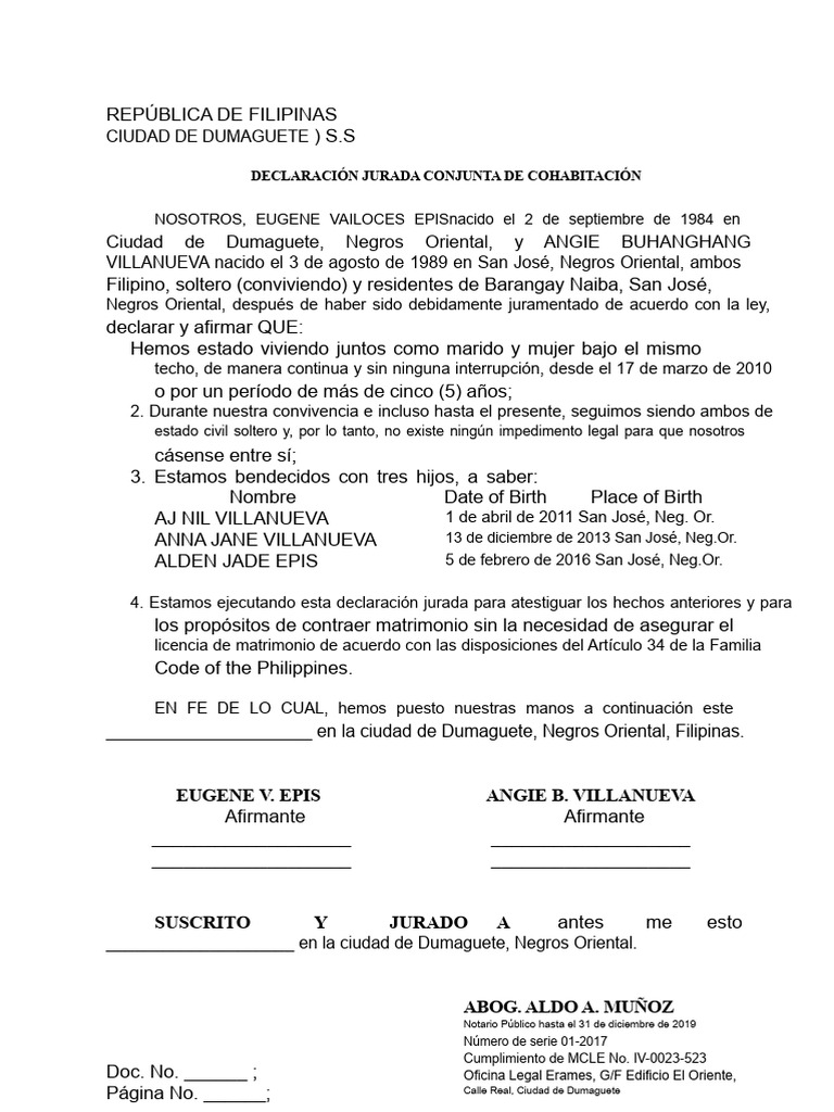 Declaración Jurada de Cohabitación en Filipinas | PDF | Instituciones ...