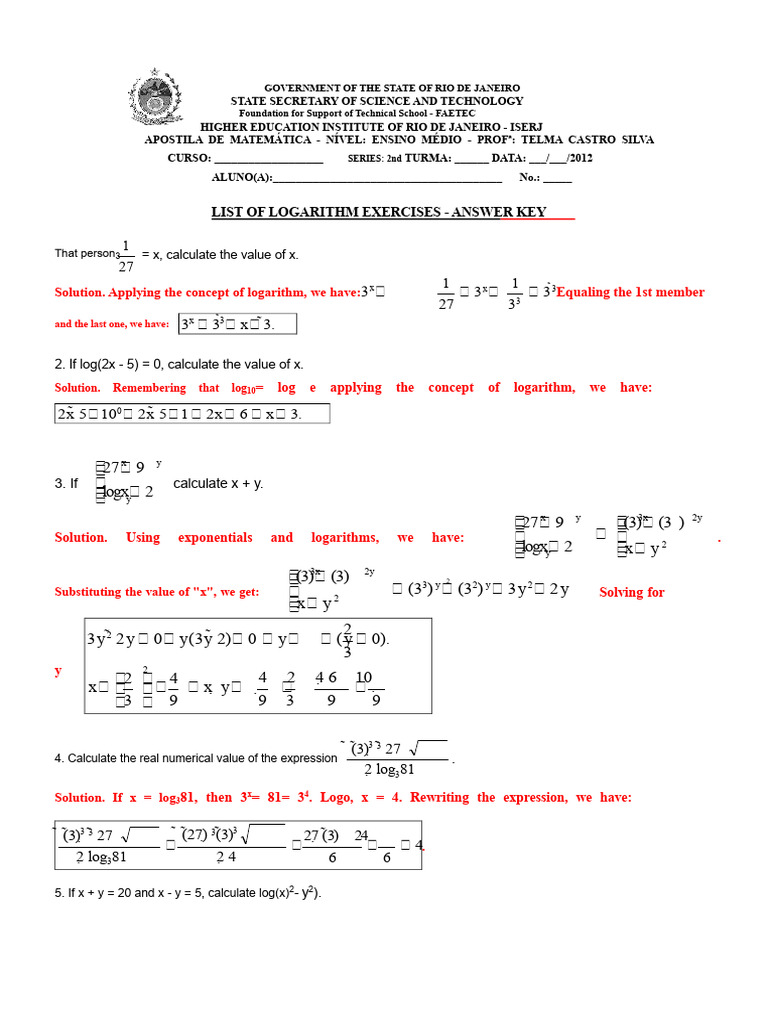 Exercises Introduction To Logarithms - ANSWER KEY | PDF | Logarithm ...