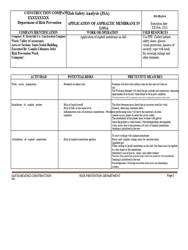 Job Safety Analysis for Asphalt Membrane | PDF | Personal Protective ...