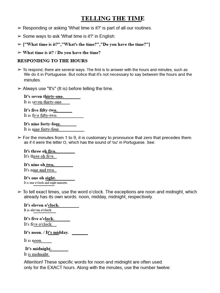 TELLING THE TIME exercises and summary-converted.pdf | PDF | Hour ...