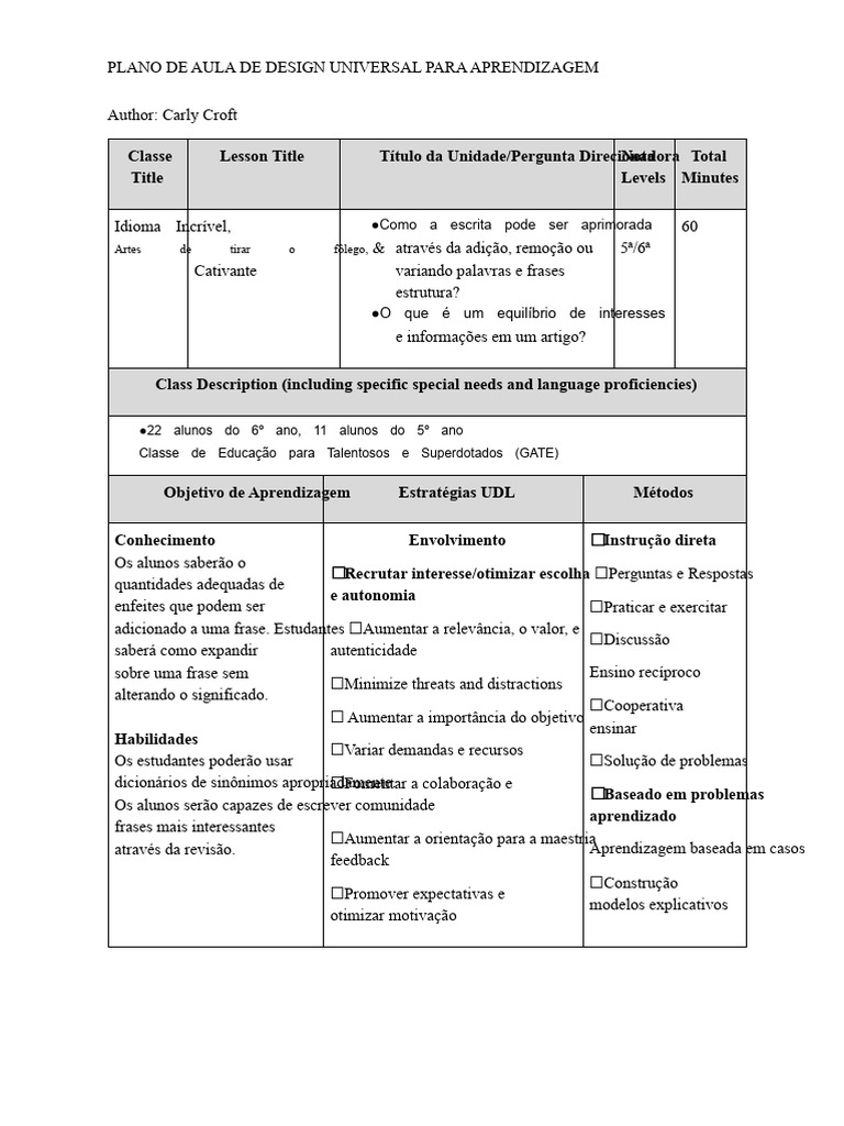 Plano de Aula: Design Universal na Educação | PDF | Aprendizado ...