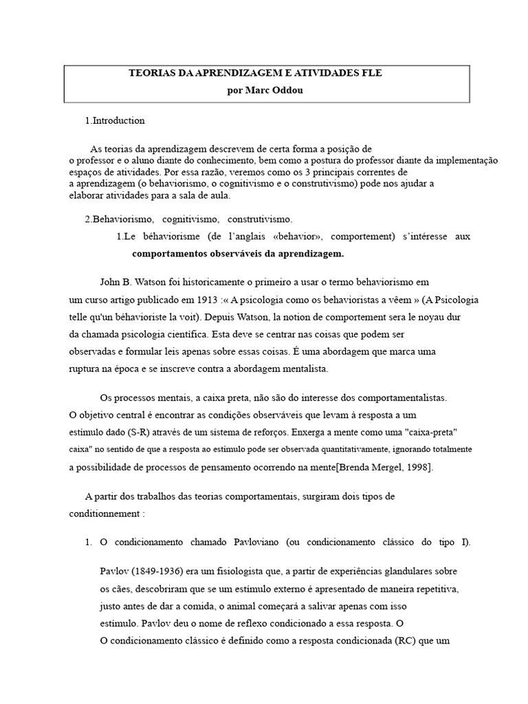 Teorias da Aprendizagem na Educação FLE | PDF | Aprendizado | Behaviorismo