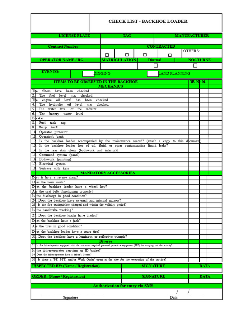 Backhoe Loader Inspection Checklist | PDF | Loader (Equipment)