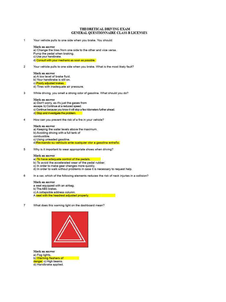 Class B Driving Exam Questionnaire | PDF | Seat Belt | Traffic