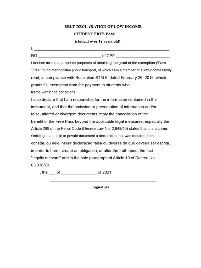 SELF-DECLARATION OF LOW INCOME | PDF