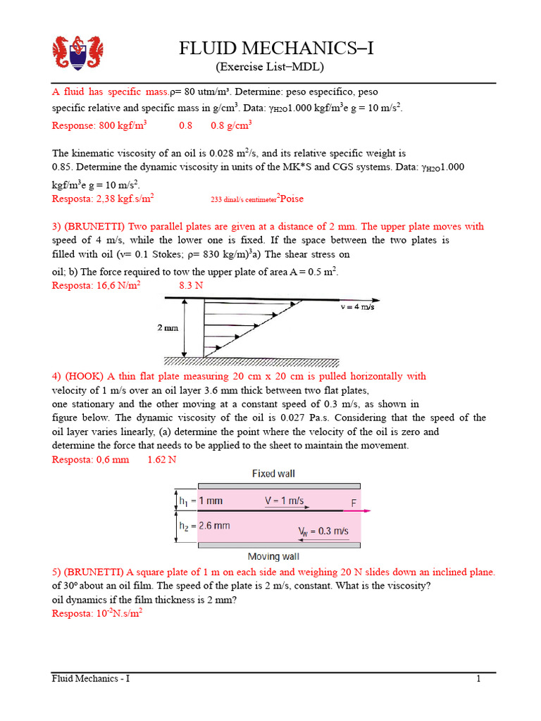 Fluid Mechanics I Exercise Solutions | PDF | Pressure Measurement ...