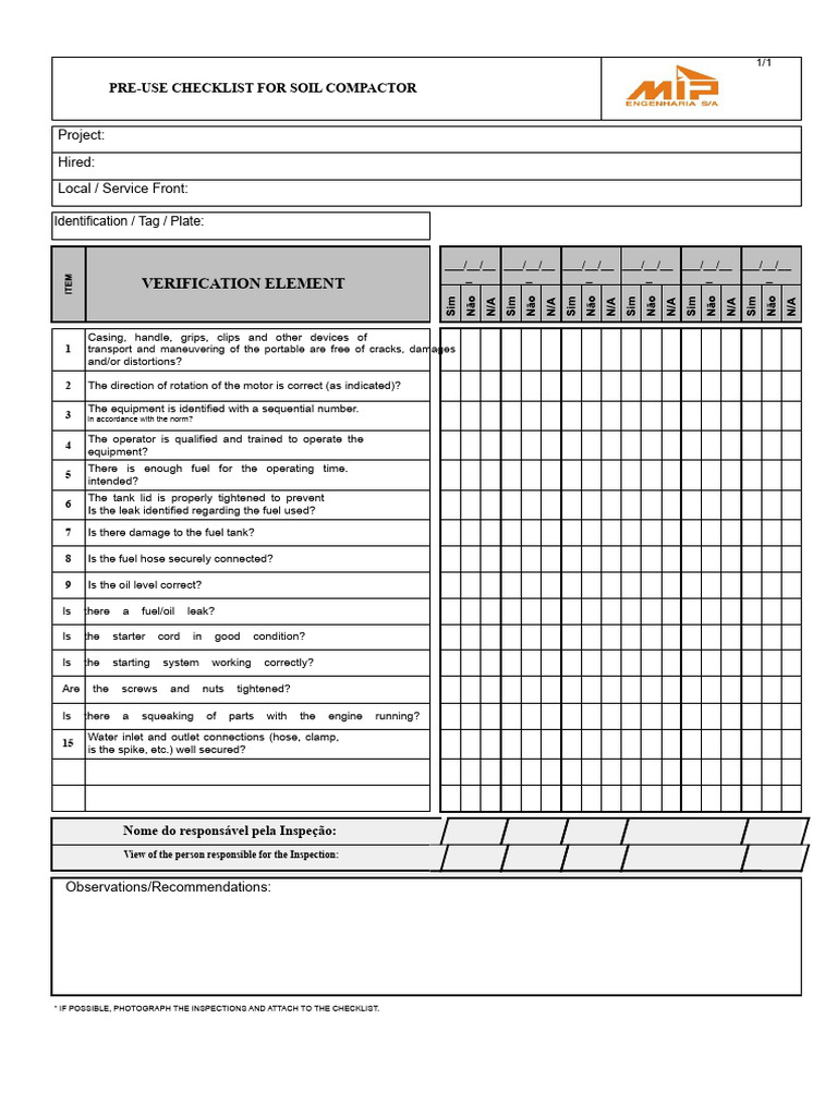 Soil Compactor Pre-Use Checklist | PDF