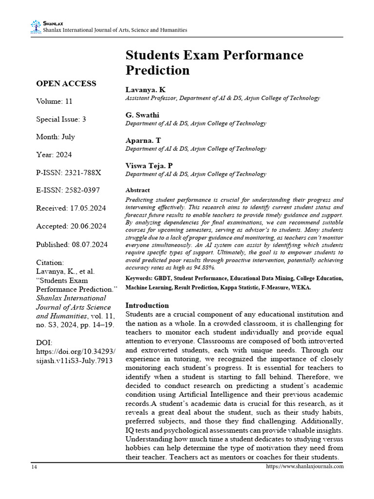 Student Exam Performance Prediction Using AI | PDF | Machine Learning ...