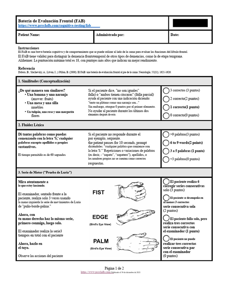 Evaluación Cognitiva: Batería FAB | PDF | Enfermedad de Alzheimer ...