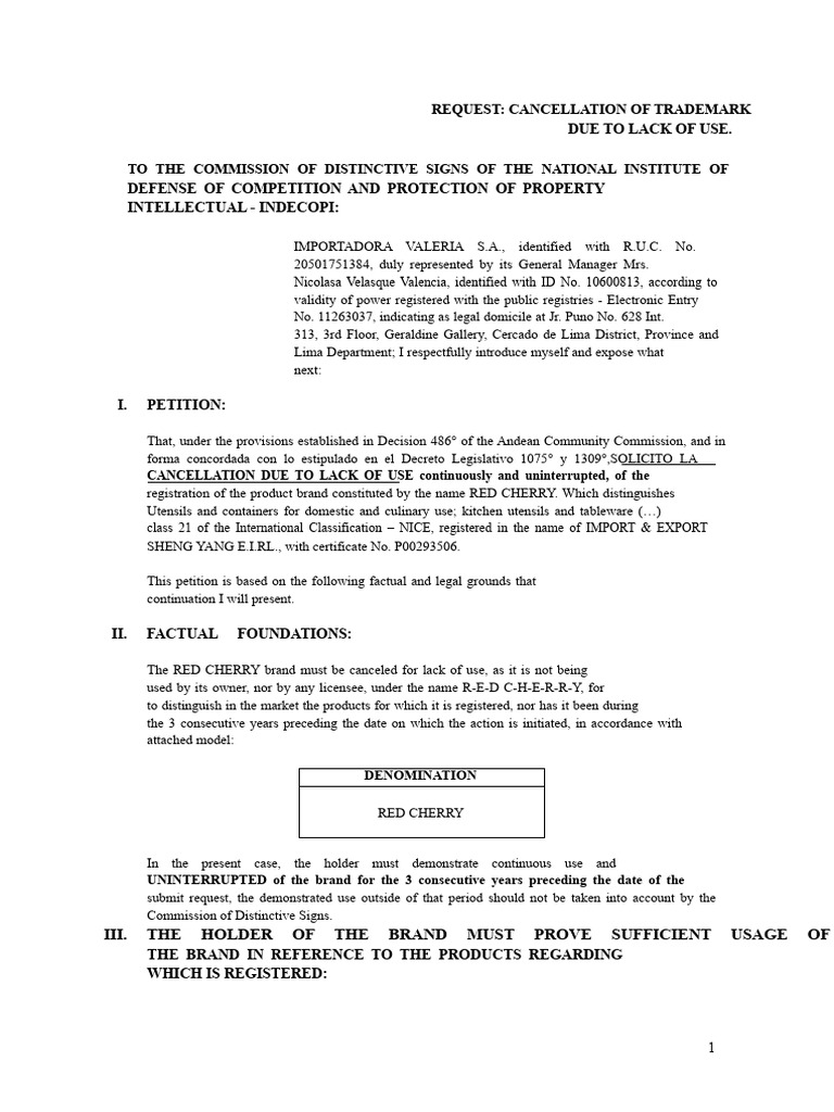 Trademark Cancellation Request: Lack of Use | PDF | Trademark | Brand