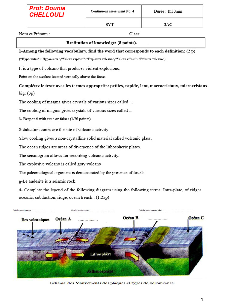 SVT Continuous Assessment on Volcanoes | PDF | Volcano | Plate Tectonics