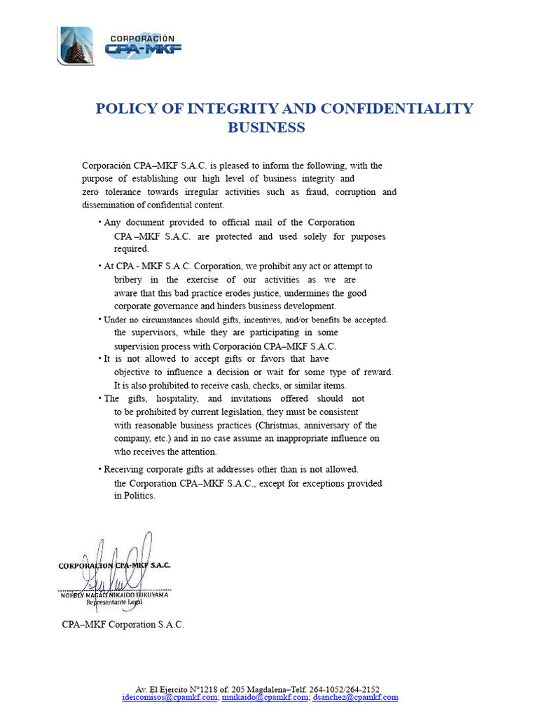 Business Integrity and Confidentiality Policy | PDF