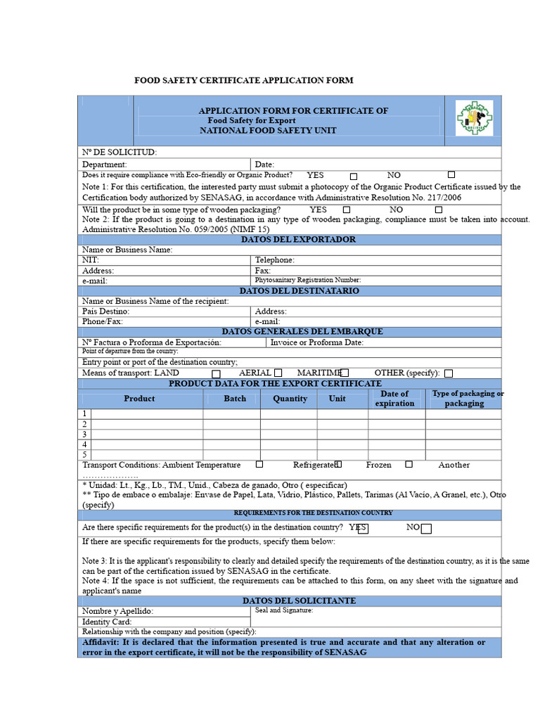 Food Safety Certificate Application Form | PDF | Pro Forma