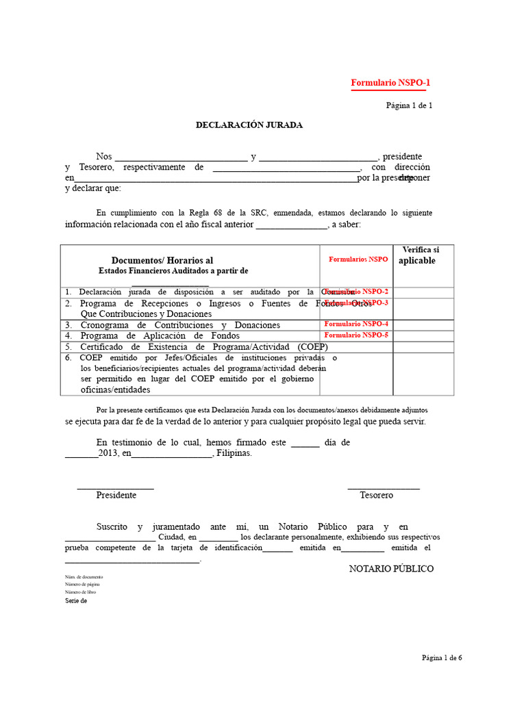 Formulario NSPO: Declaraciones y Cronogramas | PDF | Donación
