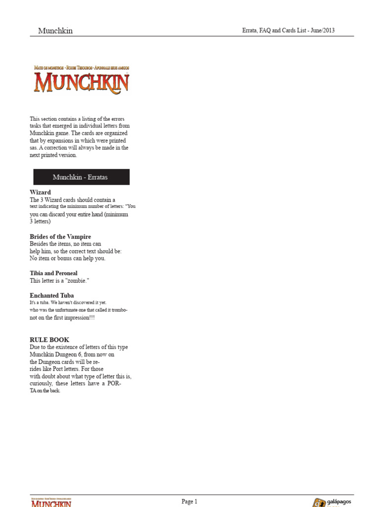 Munchkin Card Errata and FAQ List | PDF
