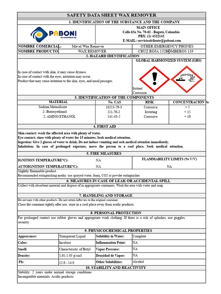 Maval Wax Remover Safety Data Sheet | PDF | Working Conditions | Safety