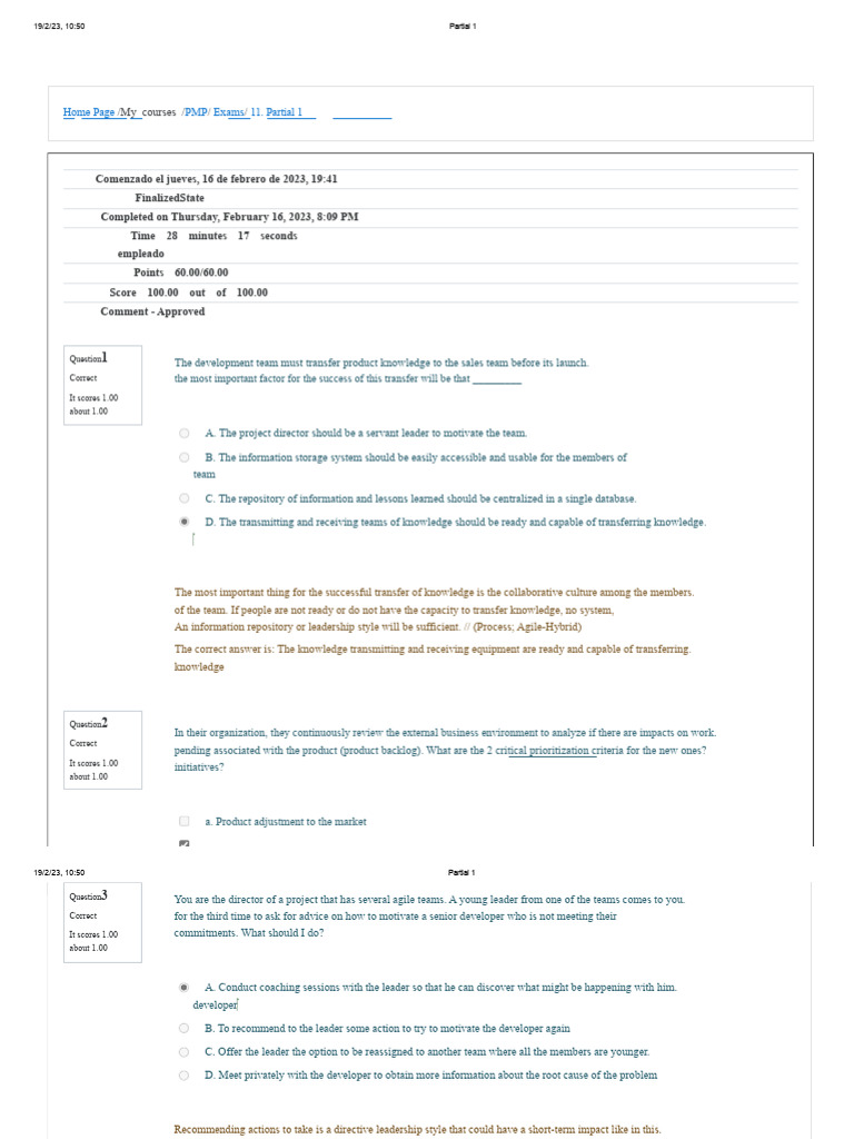 PMP Exam Partial 1 Results and Insights | PDF | Agile Software Development
