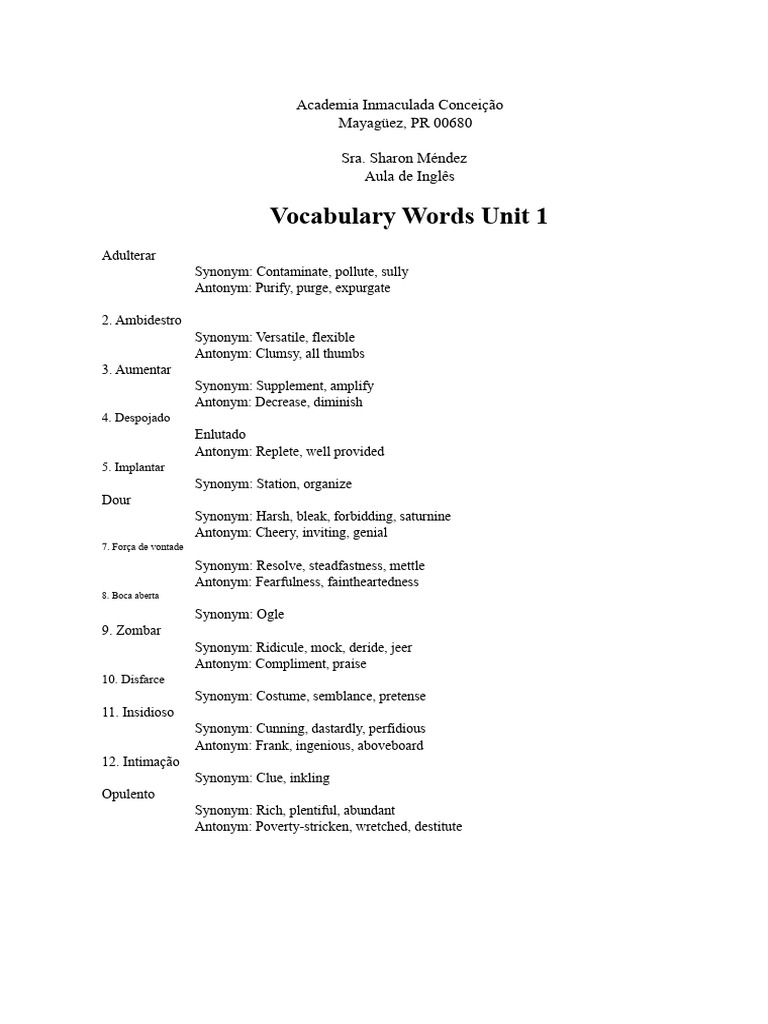 Vocabulary Words Unit 1 Guide | PDF | Lexical Semantics | Vocabulary