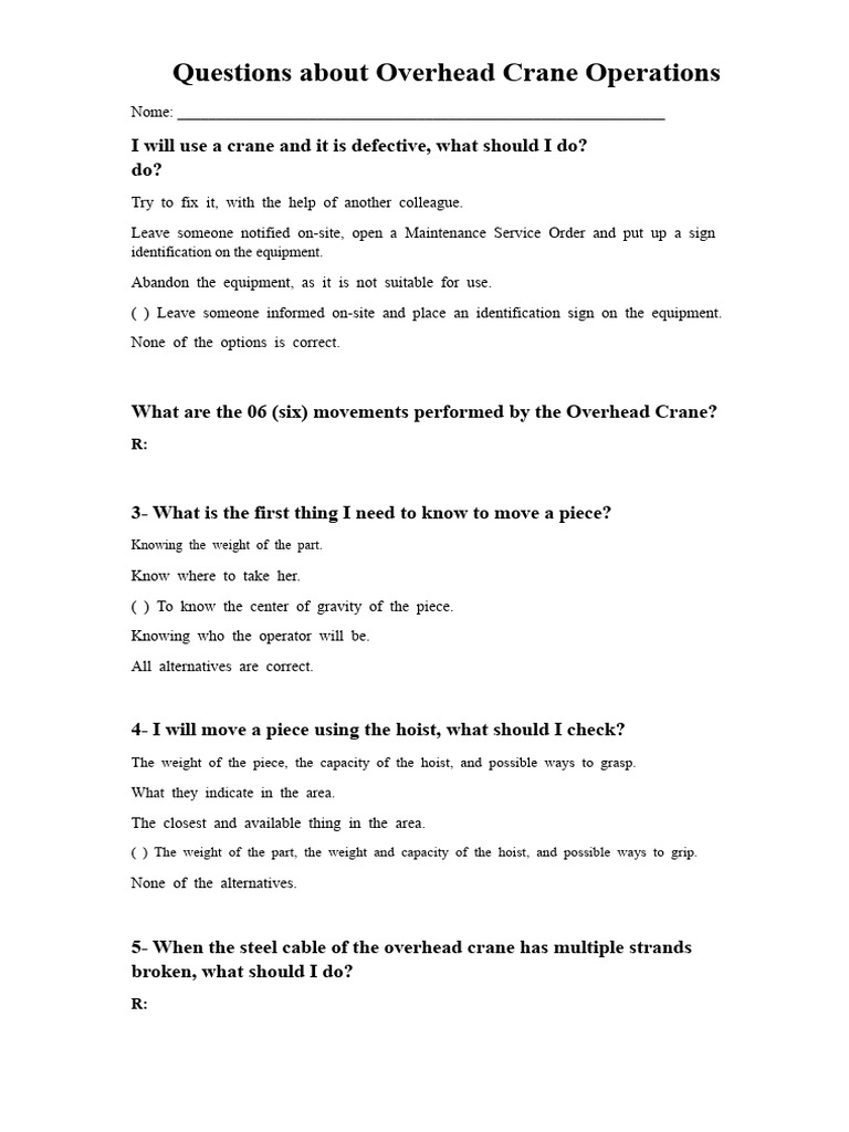 Questions - Overhead Crane Training | PDF