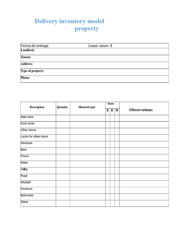 Delivery Inventory Checklist Template | PDF | Kitchen | Bathroom