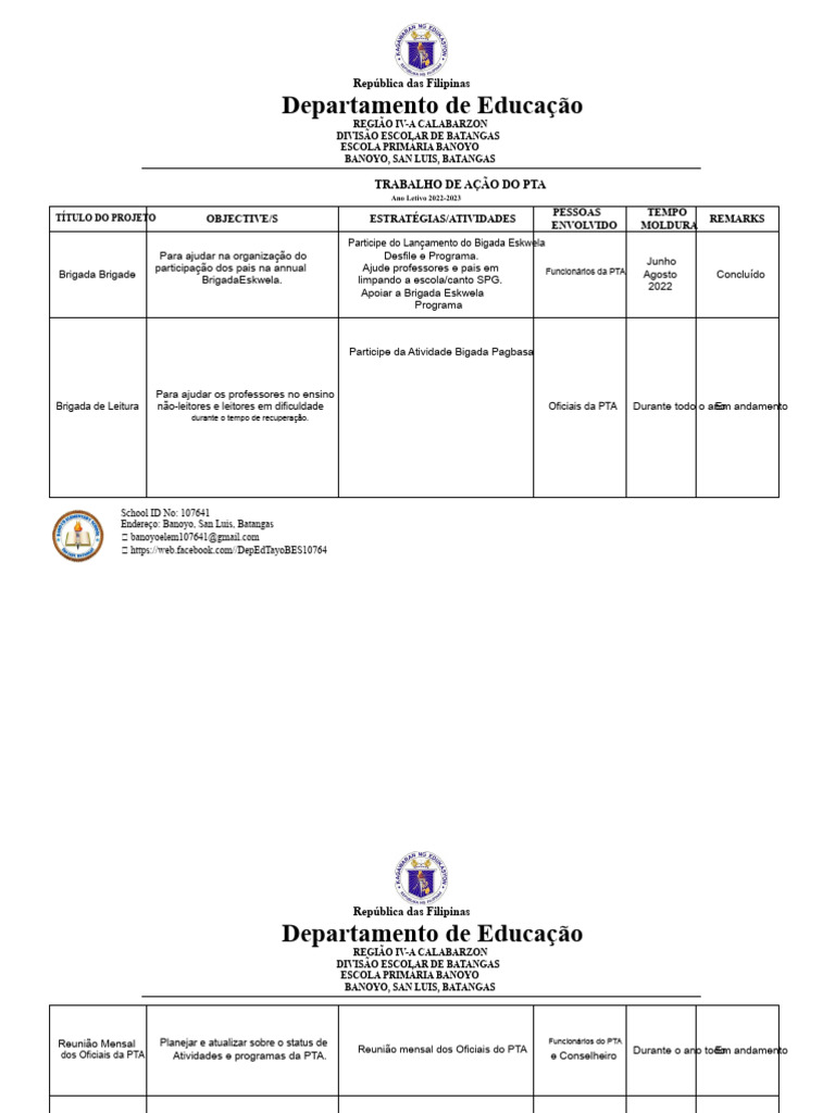 Projetos e Atividades da PTA 2022-2023 | PDF