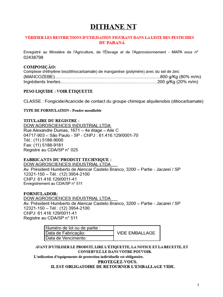 Dithane NT : Fongicide pour Cultures | PDF | Pesticide | Nourritures