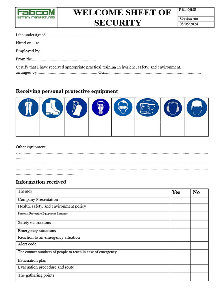 Security Welcome Sheet for QHSE Training | PDF | Business | Working ...