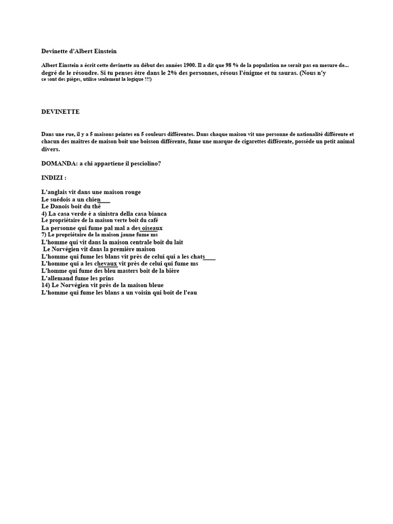 d'Einstein Qui a le poisson ? PDF Bleu Vert — free download