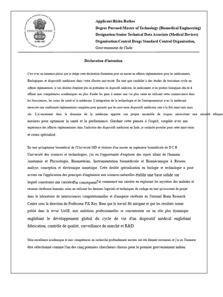 Déclaration d'intention pour un Master en affaires réglementaires | PDF ...