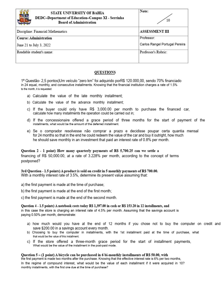 Financial Mathematics Assessment Questions | PDF | Interest | Factor ...