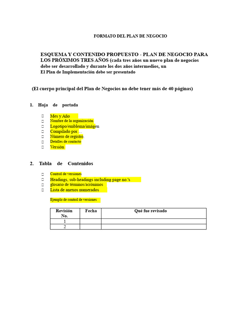 Formato y Contenido del Plan de Negocio | PDF | Plan de negocios ...