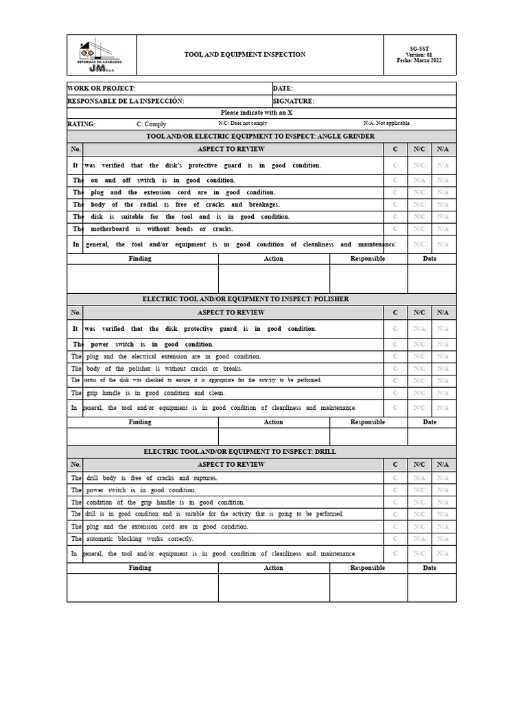 Tool and Equipment Inspection Checklist | PDF | Electrical Connector | Pump