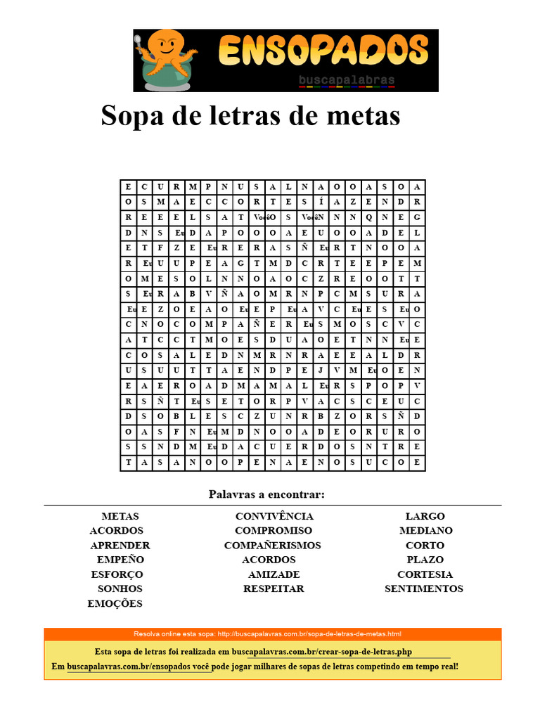 Sopa de Letras: Encontre Palavras sobre Metas | PDF