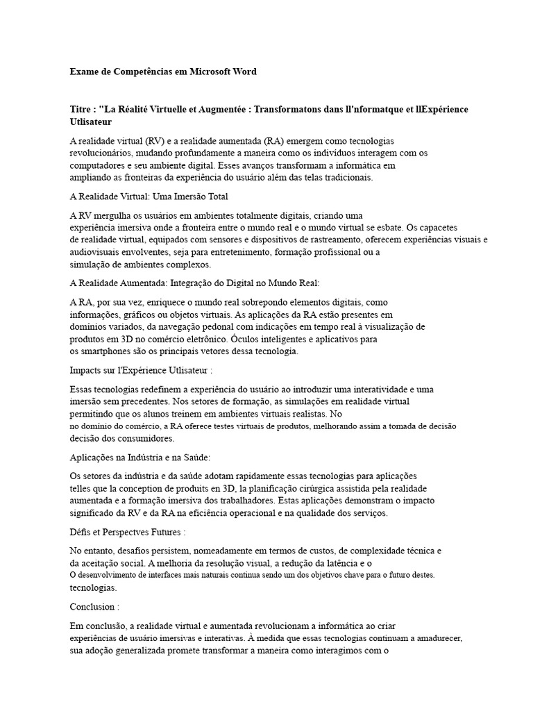 Exame de Competências em Microsoft Word | PDF | Realidade aumentada ...