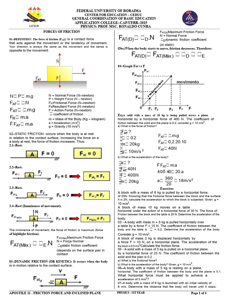Friction Force and Inclined Plane-CAP-2015 PDF | PDF | Force | Friction