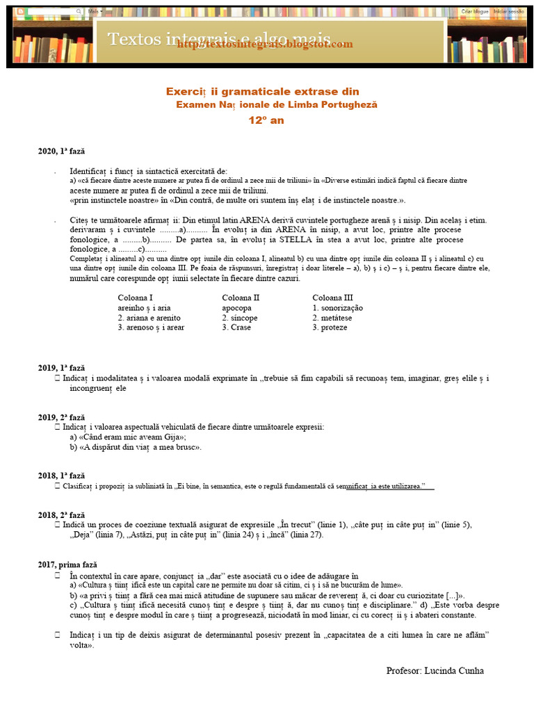 Exerciții de Gramatică Extrase Din Examenele de Clasa A 12-A | PDF