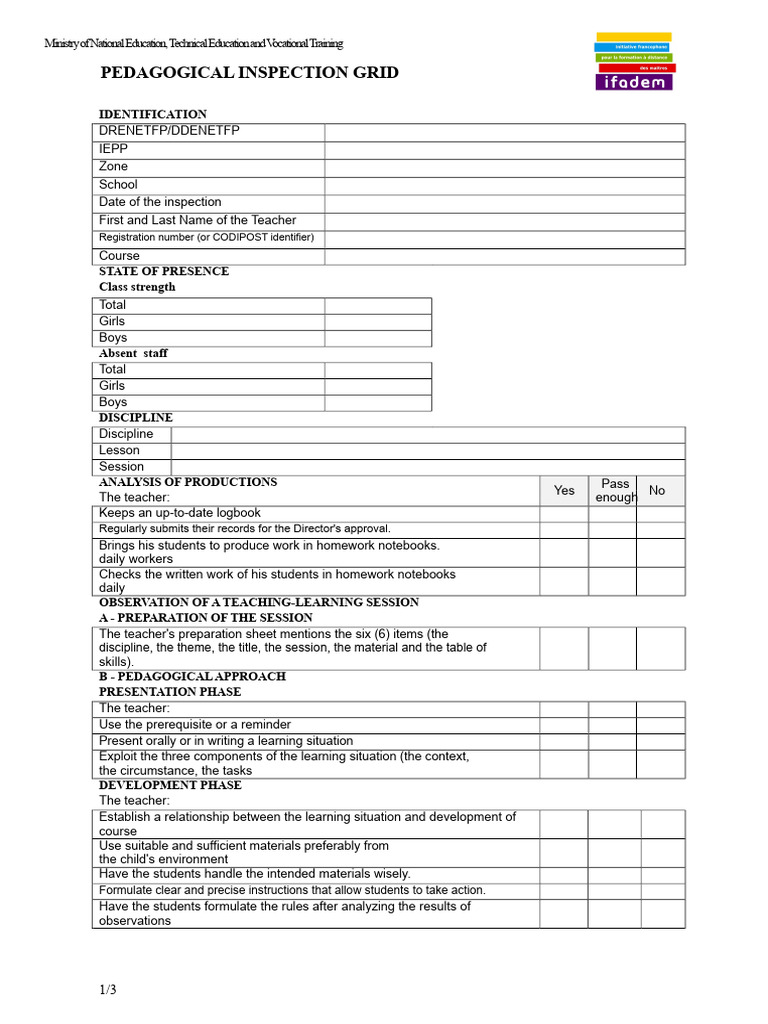 Pedagogical Inspection Grid Template | PDF | Teachers | Vocational ...