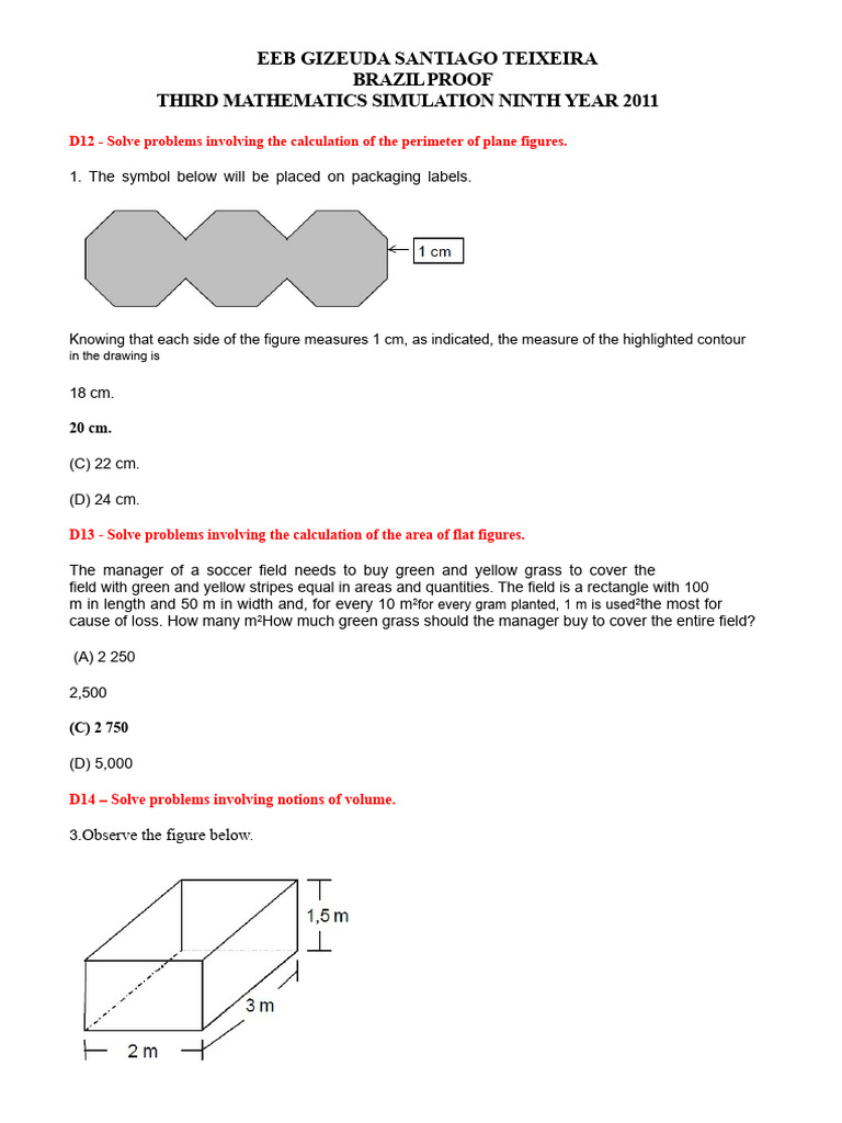 2011 Brazil 9th Year Math Simulation | PDF | Area | Triangle