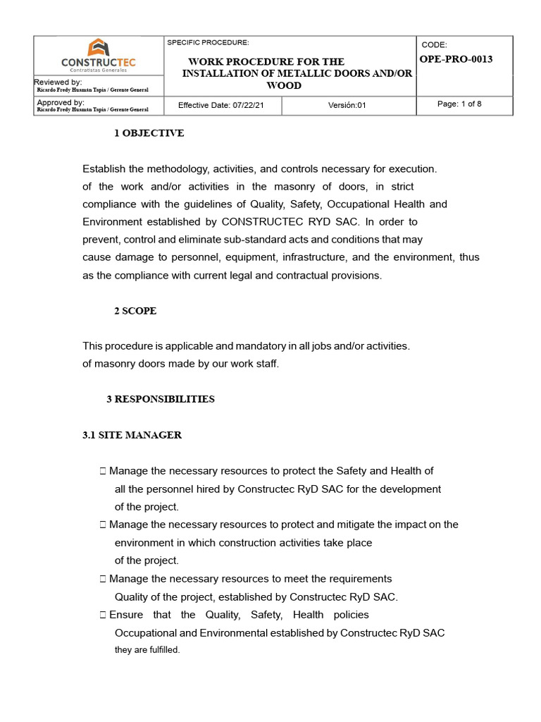 Metal and Wood Door Installation Procedure | PDF | Occupational Safety ...