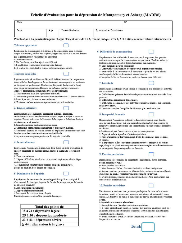 Échelle MADRS pour évaluer la dépression | PDF | Dépression ...