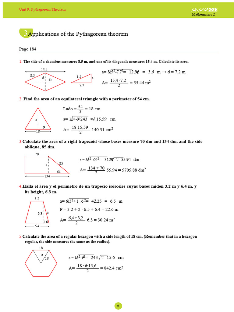 Pythagorean Theorem Applications and Exercises | PDF | Circle | Area