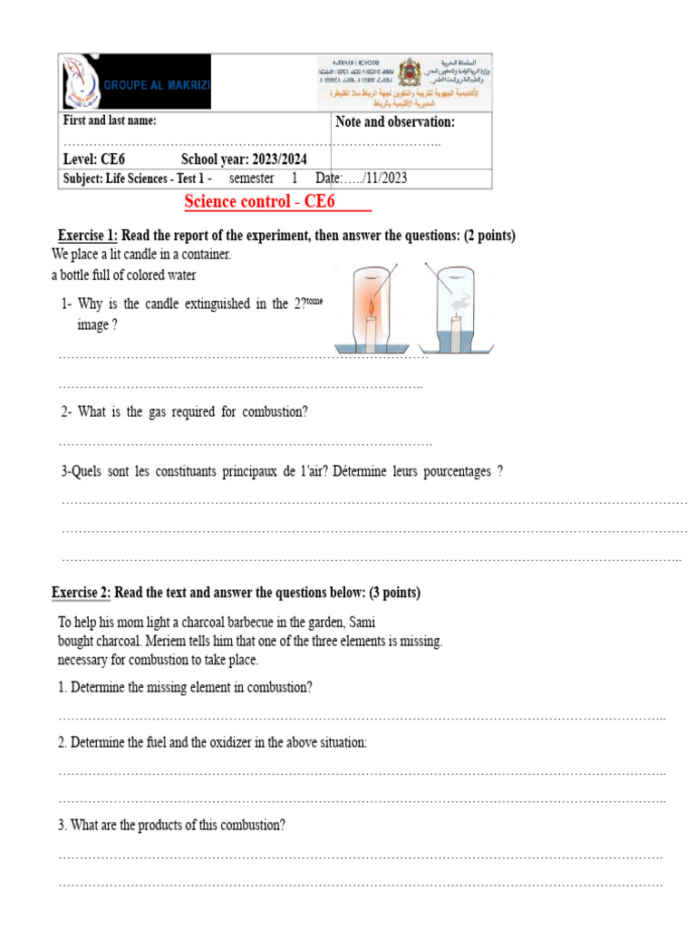 control of sciences CE6 s1-1 | PDF | Industrial Gases | Oxygen